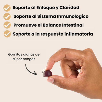 Gomitas diarias de súper hongos® / Adaptógenos que ayudan a tu cuerpo a resistir el cansancio físico y mental.